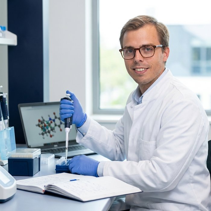 Immunochem scientist pipetting samples at an R&D bench next to a molecular structure on a laptop
