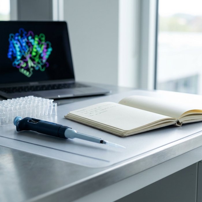 Micropipette, sample tubes and lab notebook on an R&D bench, with a 3D protein structure on a laptop