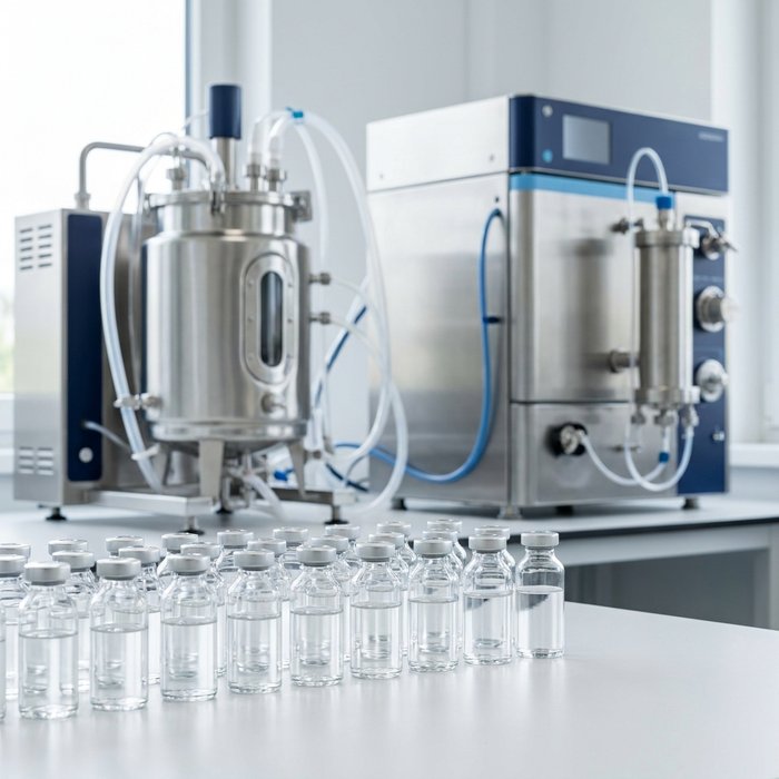 Bioreactor, chromatography system and vials of purified protein in a biopharmaceutical process lab