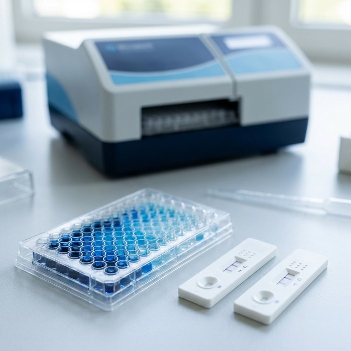 ELISA microplate and lateral flow tests in front of a microplate reader in a diagnostics lab