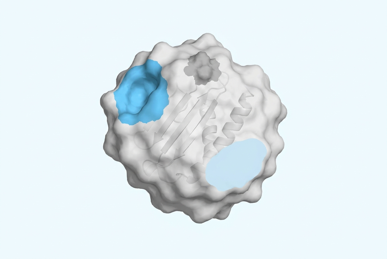 Epitope mapping on an antigen surface showing three candidate binding sites ranked before antibody design