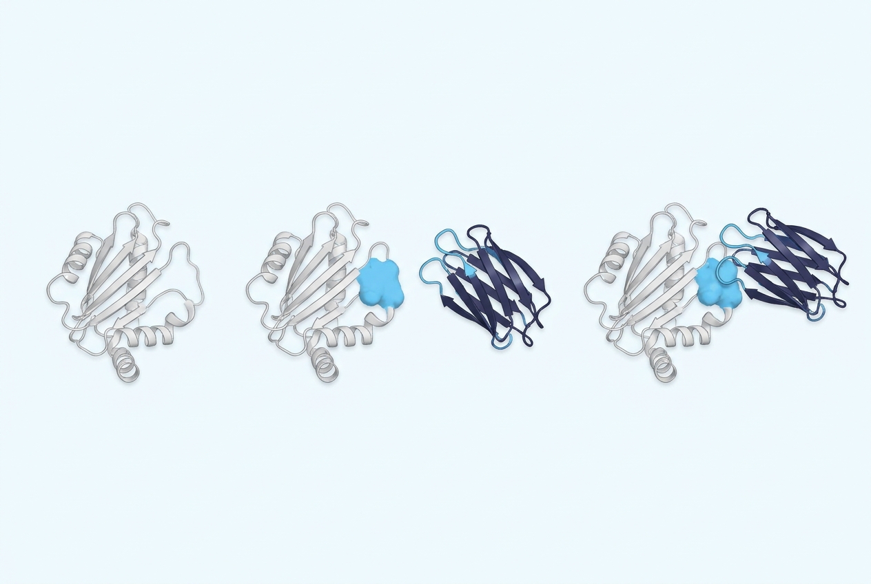 Four stages of a binder programme: antigen alone, epitope highlighted, VHH approaching, VHH bound