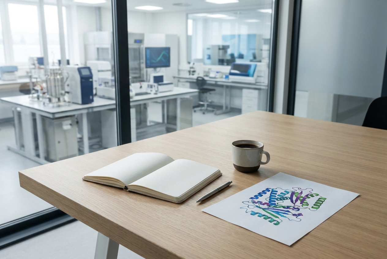 Meeting table with an open notebook and a printed protein structure, a laboratory behind a glass wall