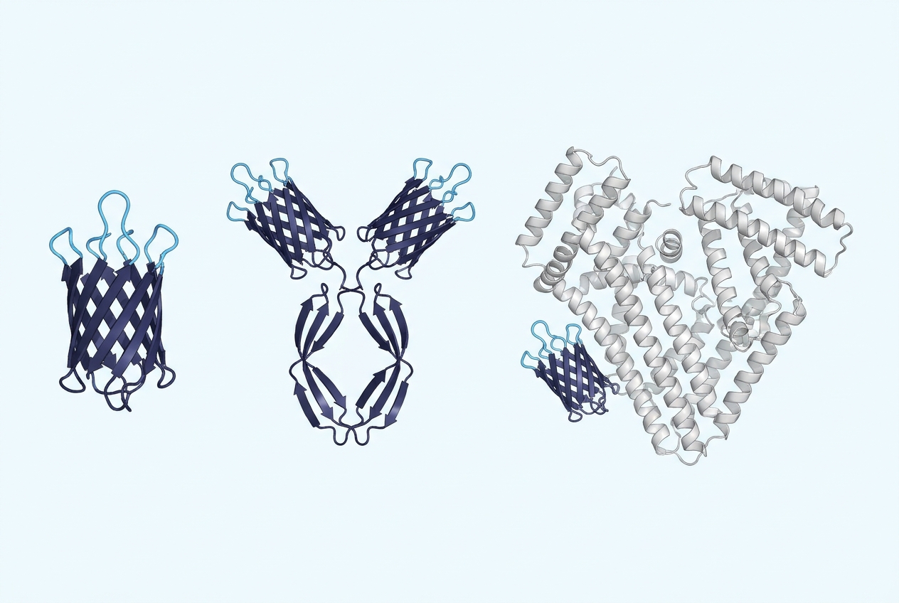 A VHH alone, a VHH-Fc fusion and a VHH bound to serum albumin, shown at relative scale