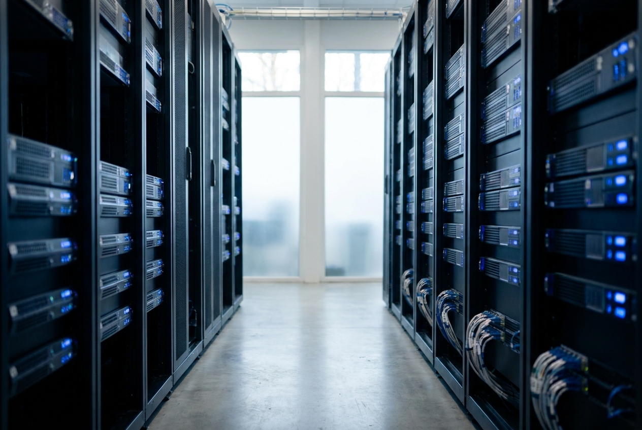 Aisle between computer server racks in a small data room