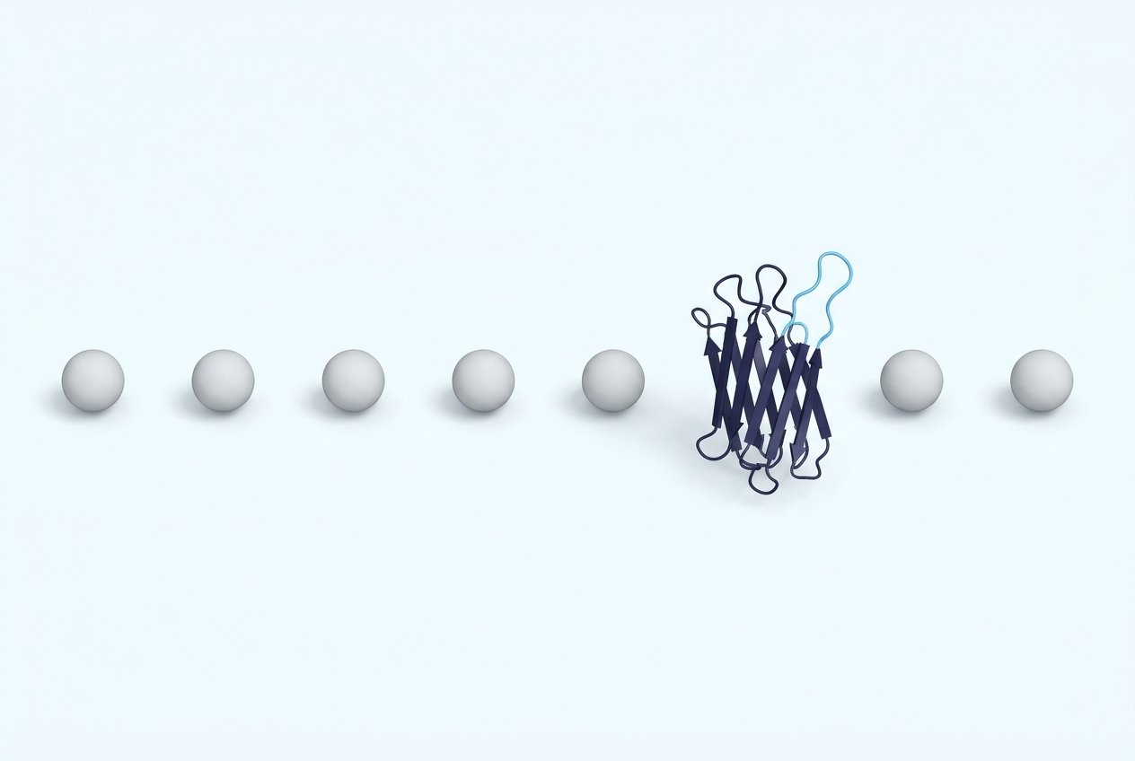 A row of eight spheres in which one step is replaced by a VHH structure