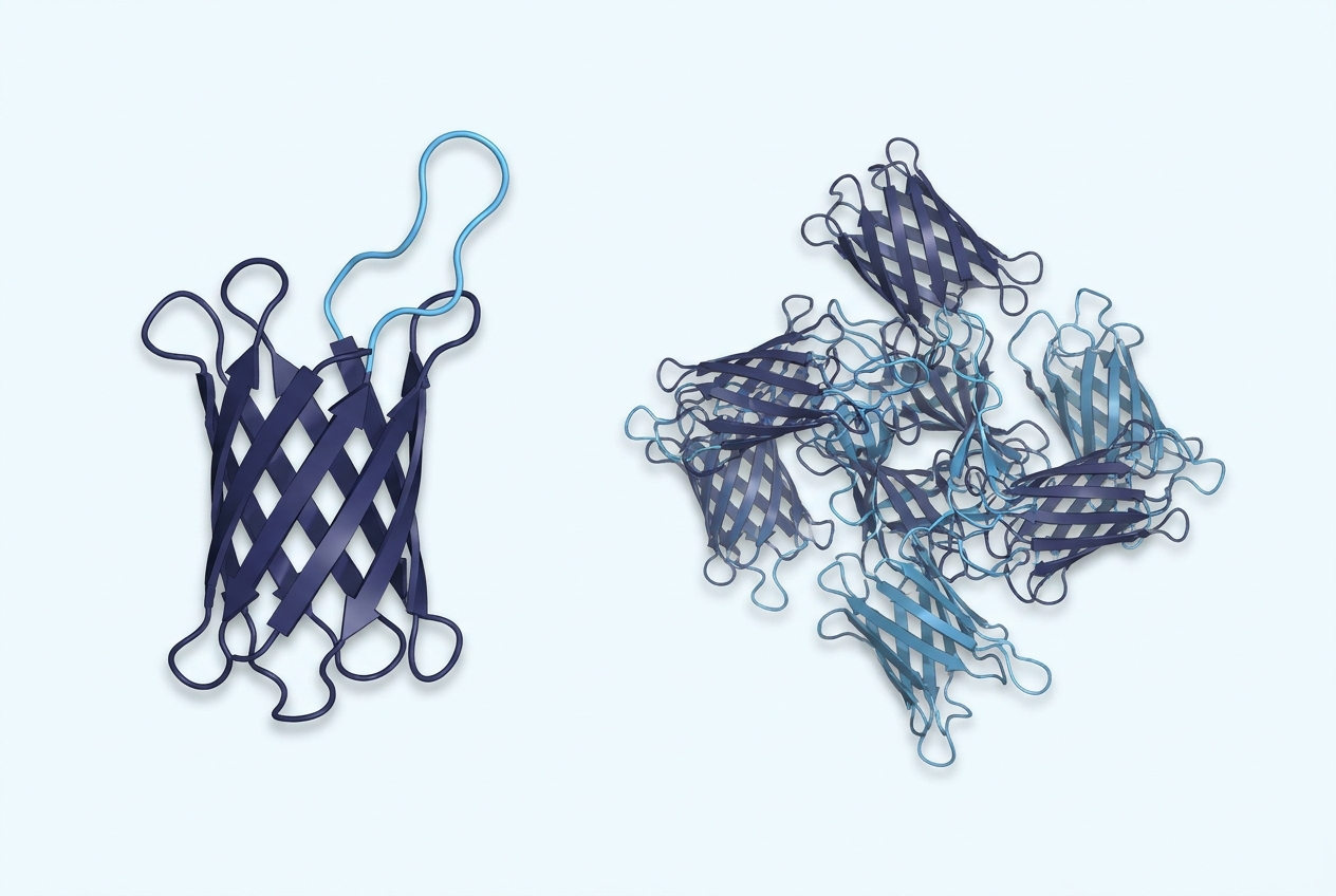 A soluble VHH next to an aggregate of the same VHH