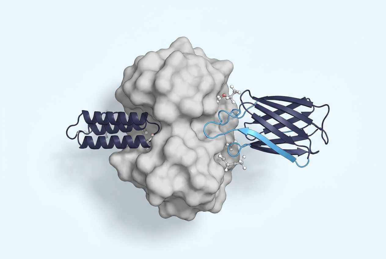 A miniprotein and a VHH bound to two different sites of the same antigen