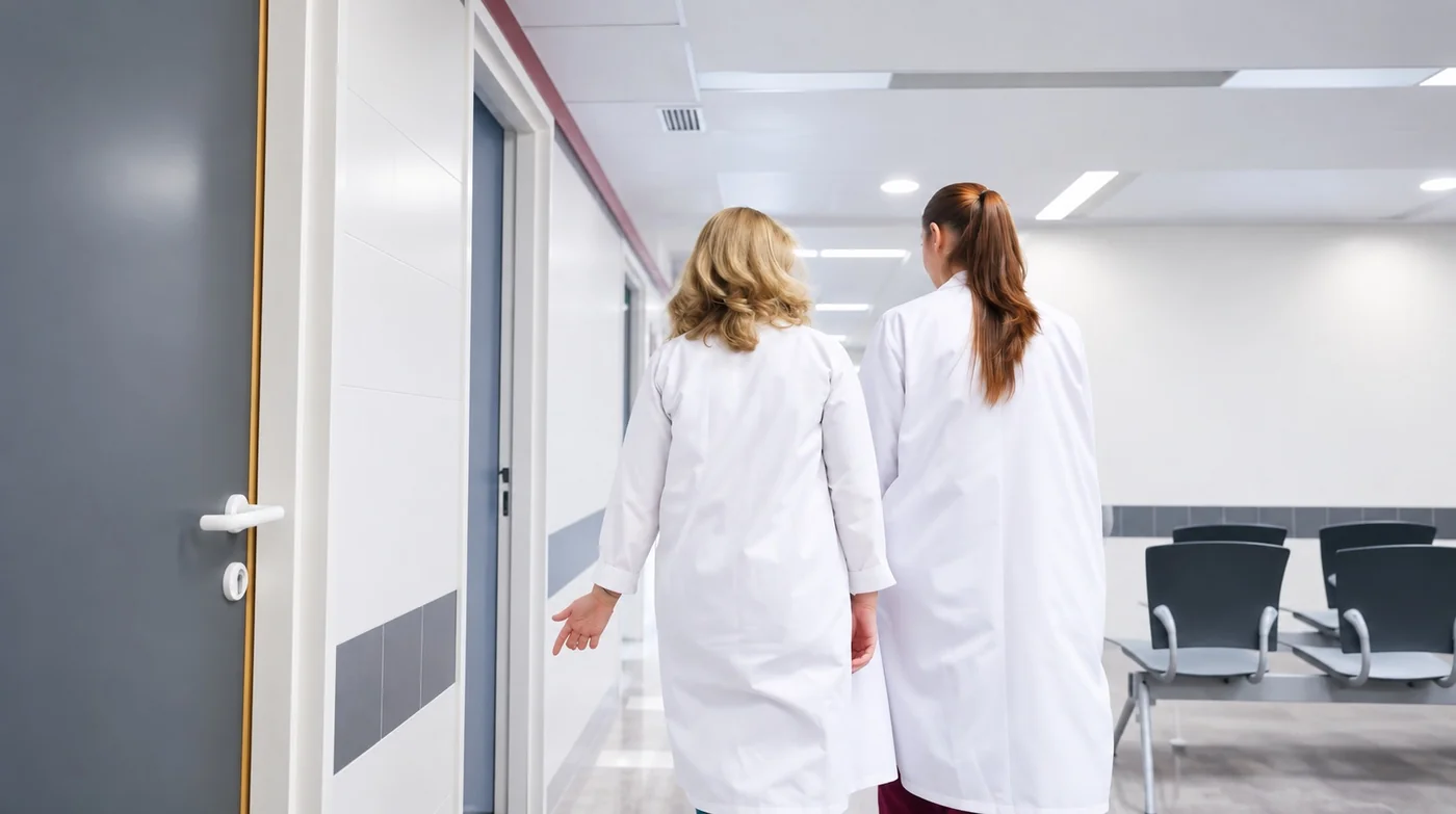 Two healthcare professionals walking down the corridor of a health center