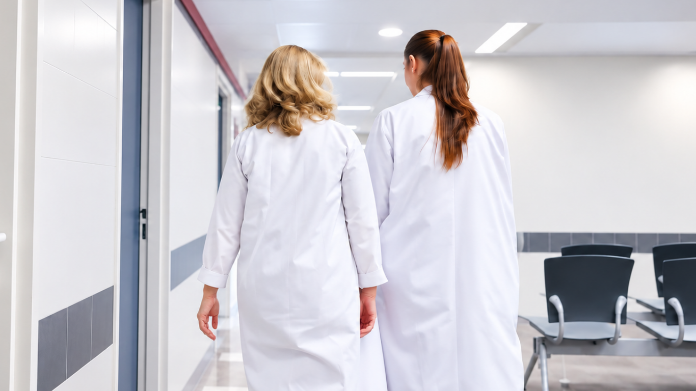 Healthcare professionals walking down a hospital corridor