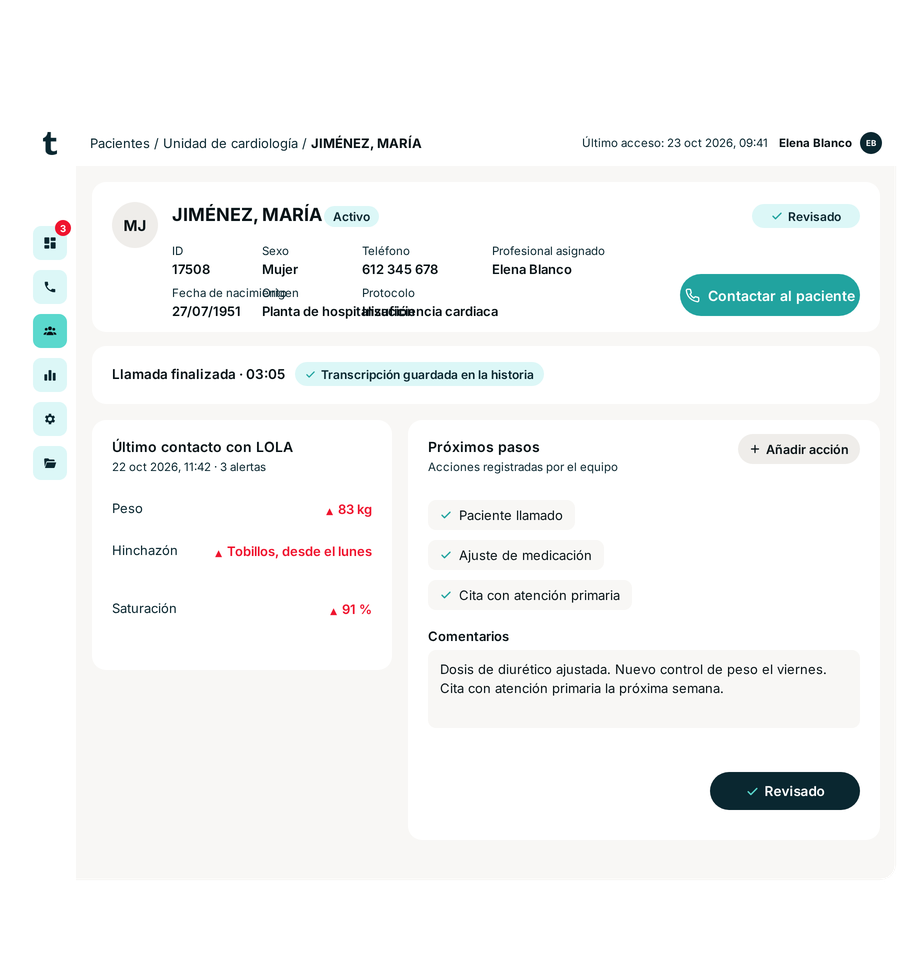 Tucuvi Data dashboard with calls, follow-ups and active protocols