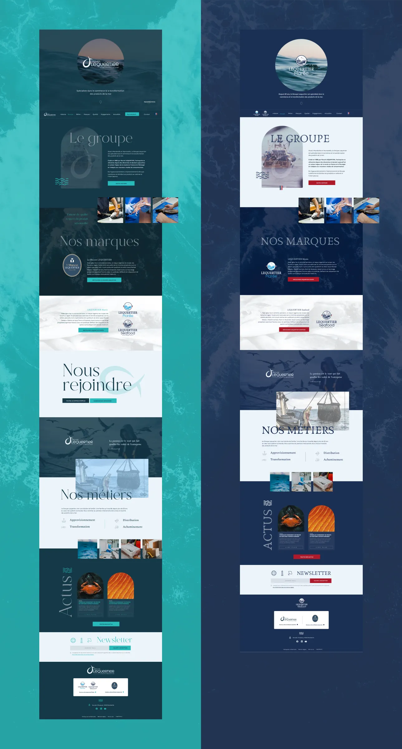 Pages des sites Lequertier Marée et Lequertier Seafood construits sur un même gabarit