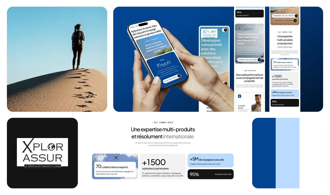 Planche du site Xplorassur : visuels de voyage, chiffres clés et version mobile