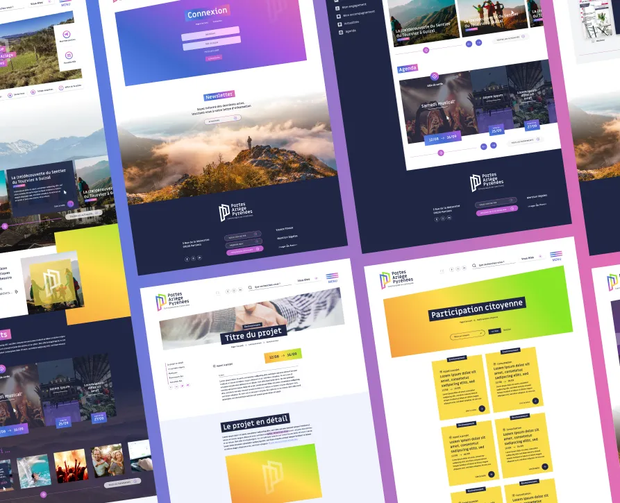 Pages du site Portes Ariège Pyrénées aux couleurs violettes et jaunes