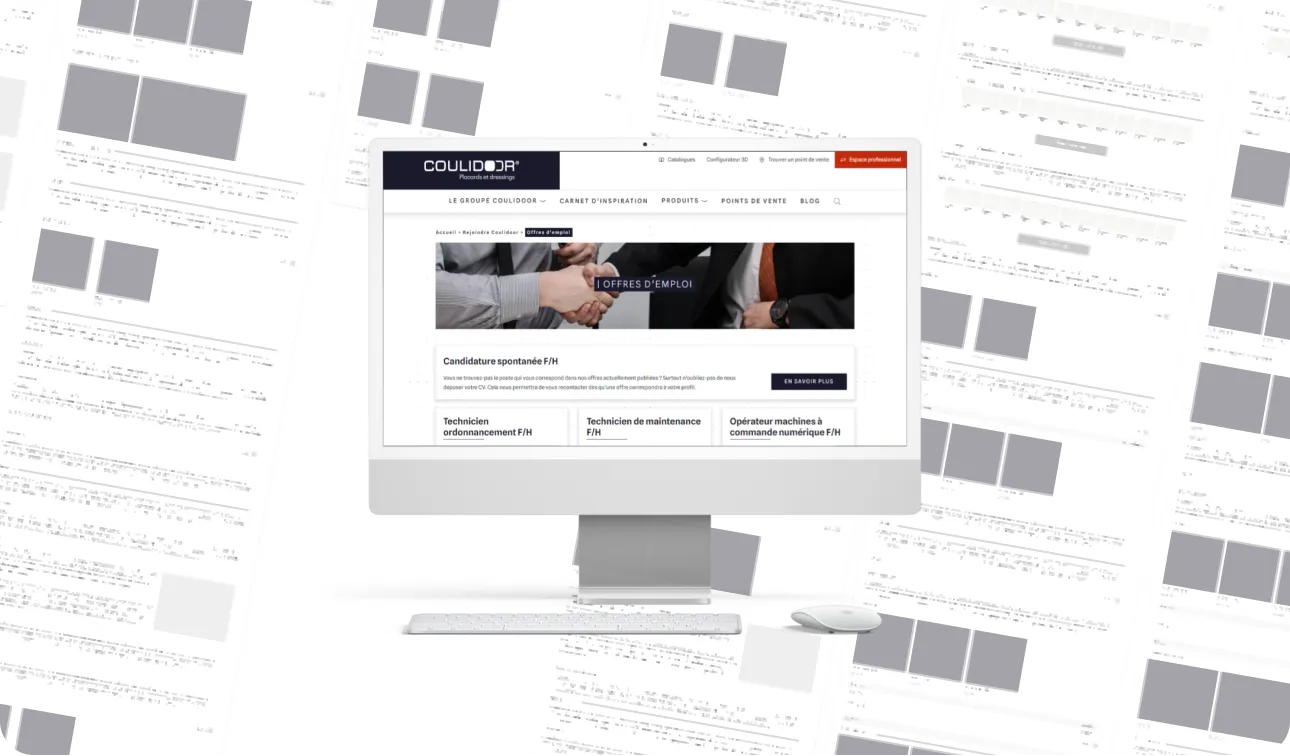 Wireframes et page d'accueil du site Coulidoor sur écran