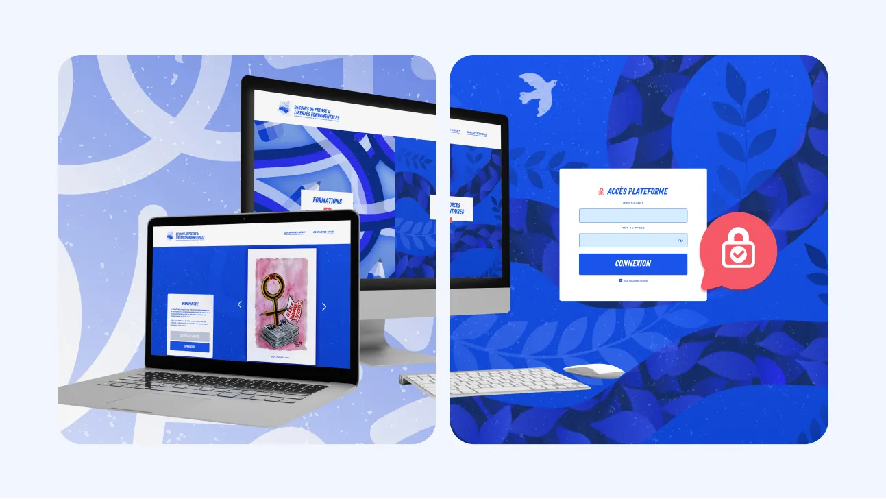 Interface de la plateforme pédagogique sur ordinateur, illustrations bleues