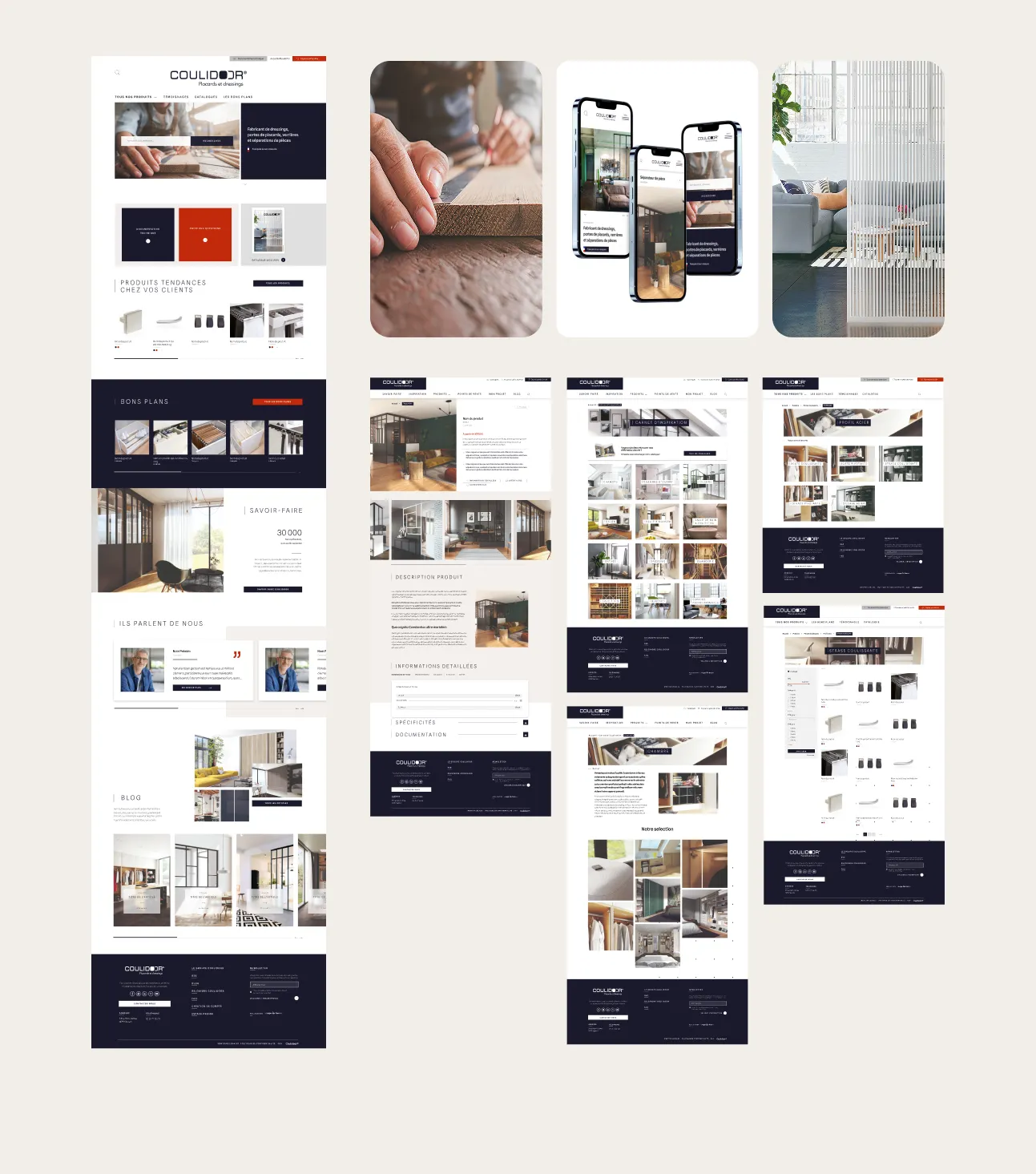 Ensemble des pages du nouveau site Coulidoor, sur ordinateur et mobile