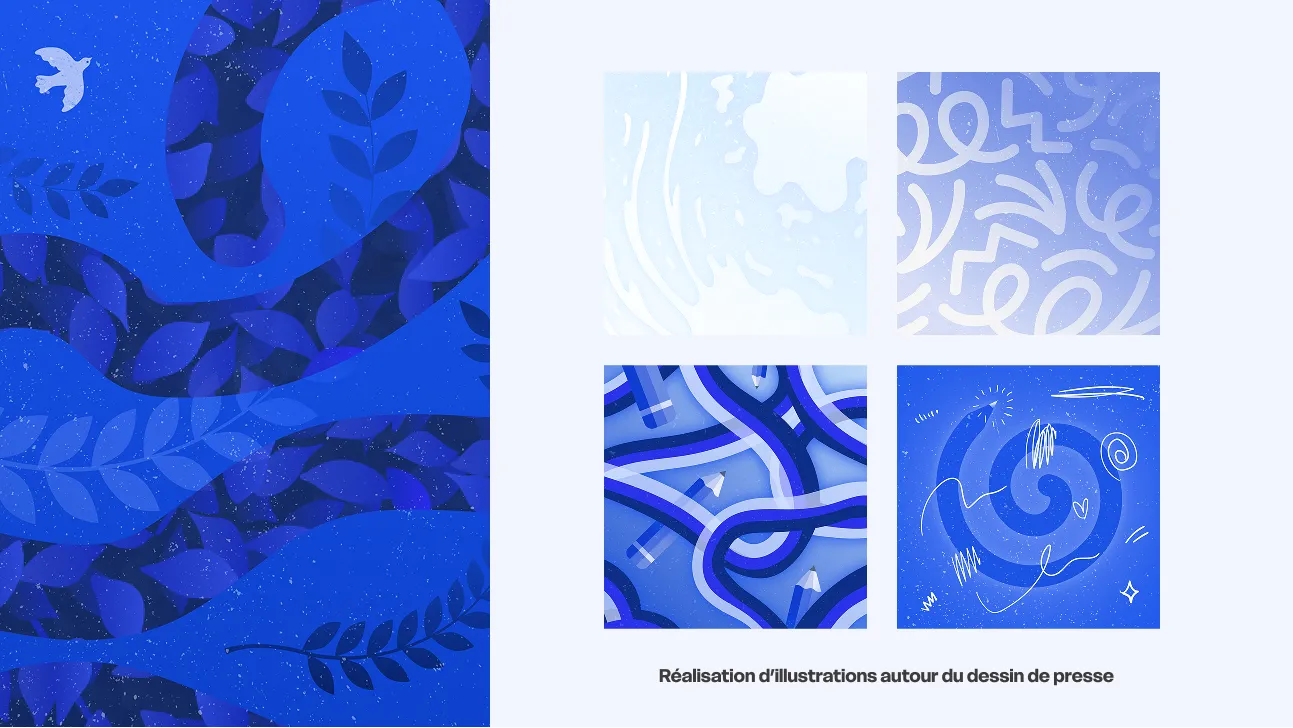 Illustrations bleues créées pour la plateforme Dessins de presse & libertés fondamentales