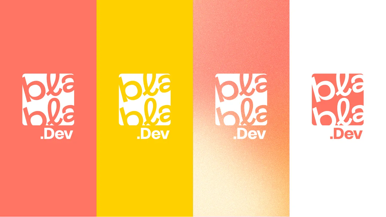 Déclinaisons du logo Blabla.dev sur fonds corail, jaune et dégradé