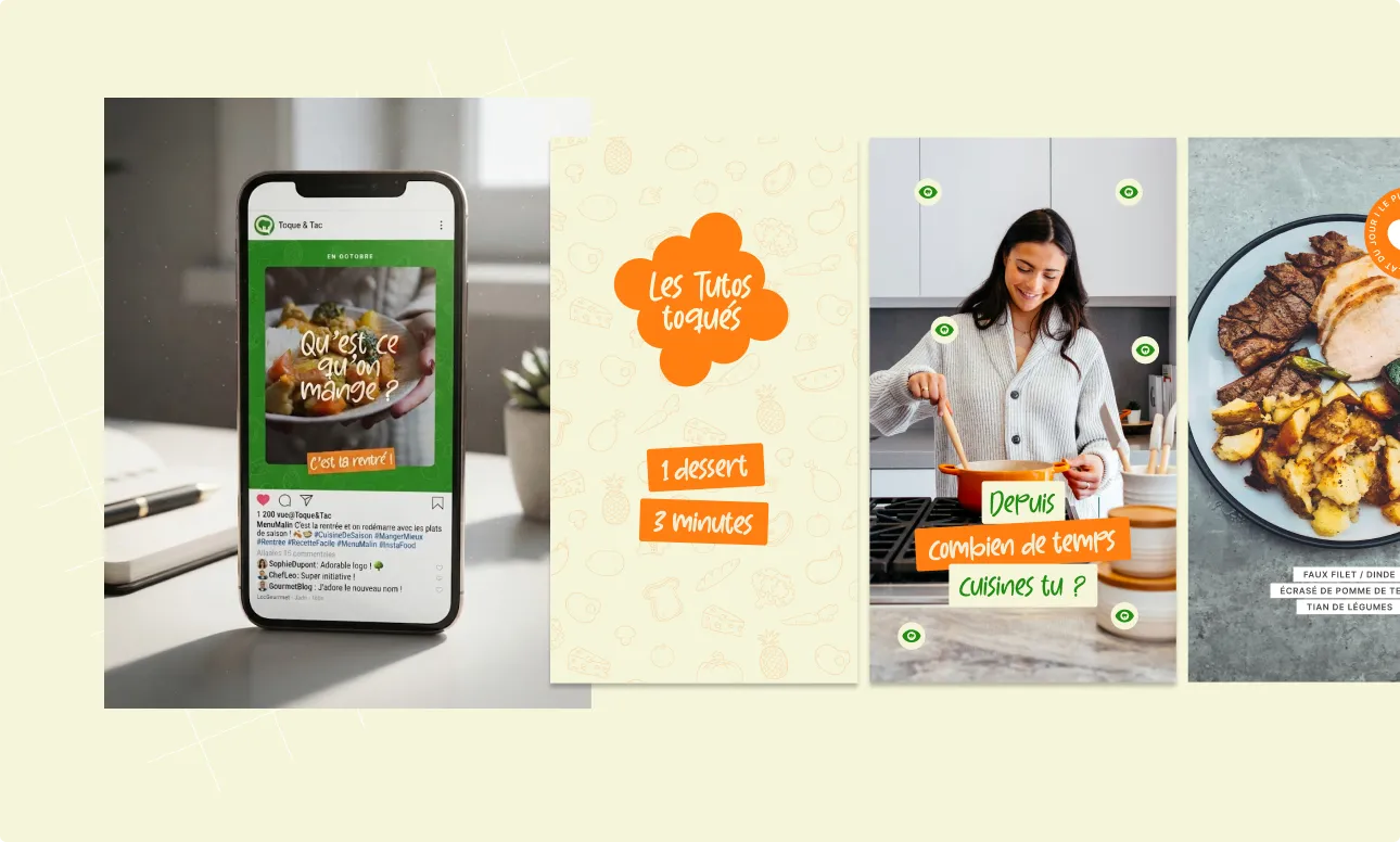 Publication Instagram Toque & Tac affichée sur smartphone, entourée de stories