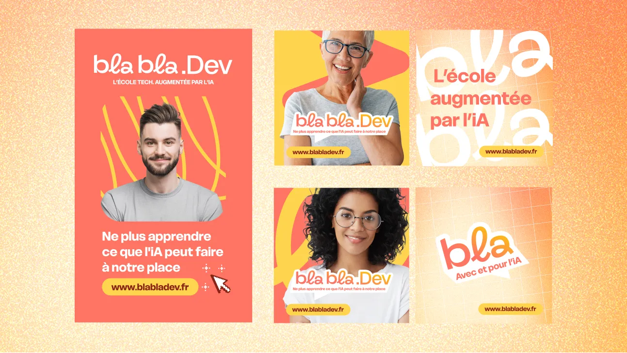 Affiches et publications sociales Blabla.dev avec portraits d'apprenants