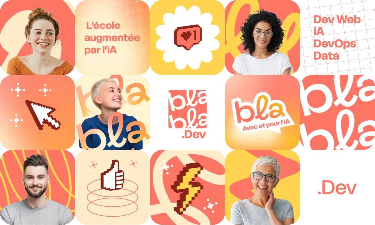 Univers graphique Blabla.dev : portraits, pictogrammes et formes colorées