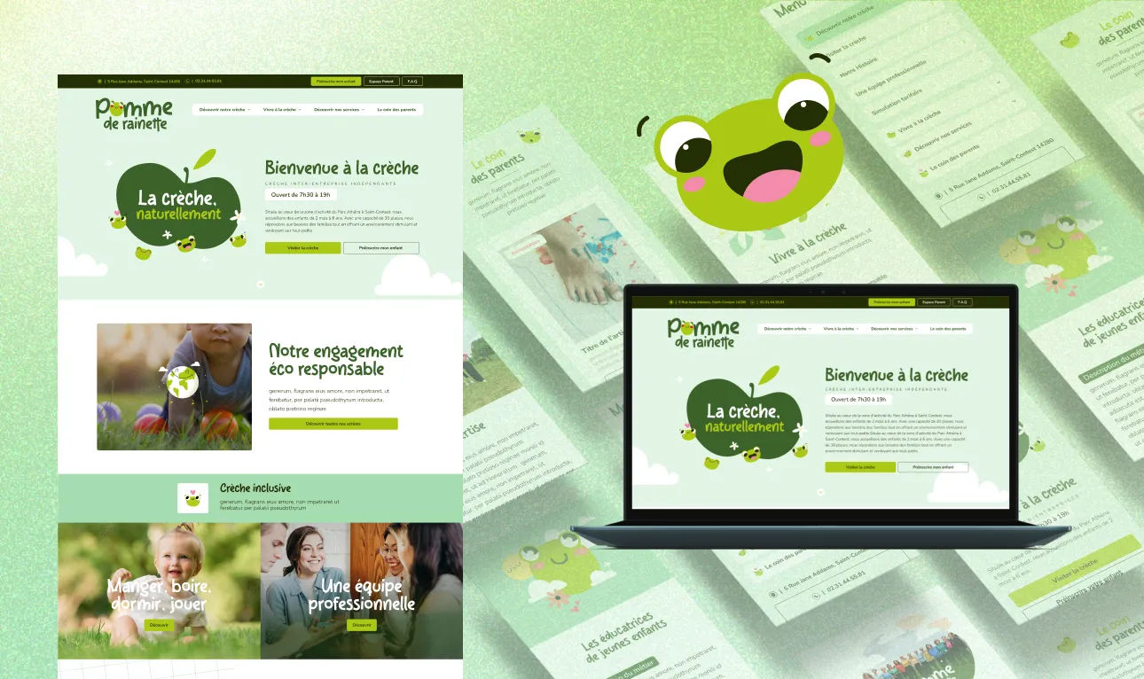 Site de la crèche Pomme de Rainette sur ordinateur et mobile, avec sa mascotte grenouille