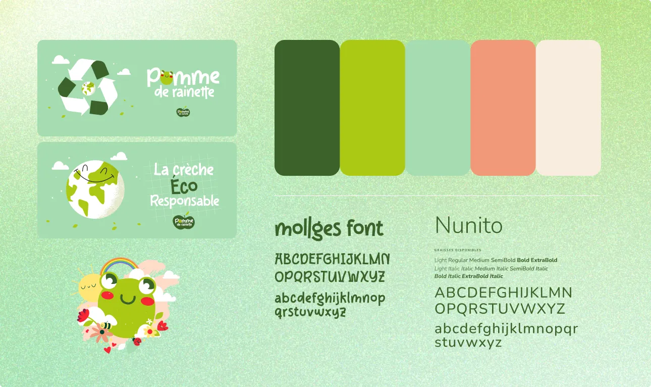 Charte graphique Pomme de Rainette : palette de couleurs, typographies et pictogrammes