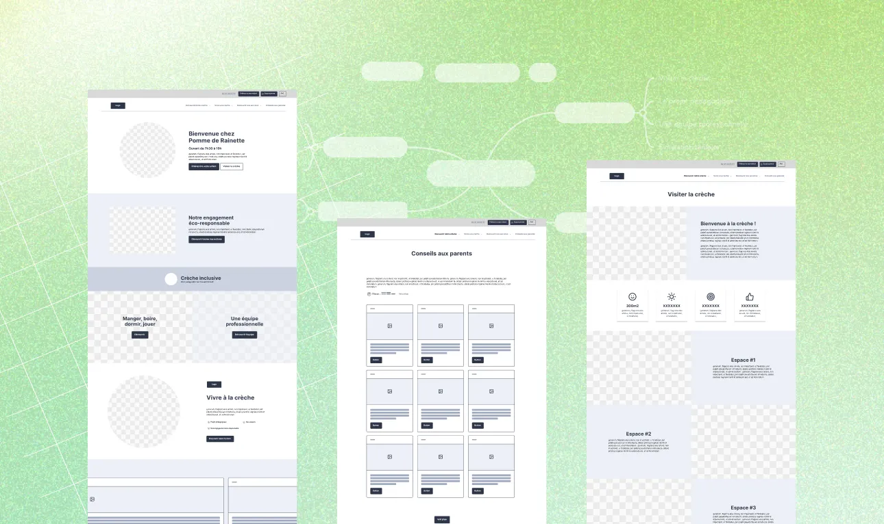 Wireframes des pages du site de la crèche Pomme de Rainette