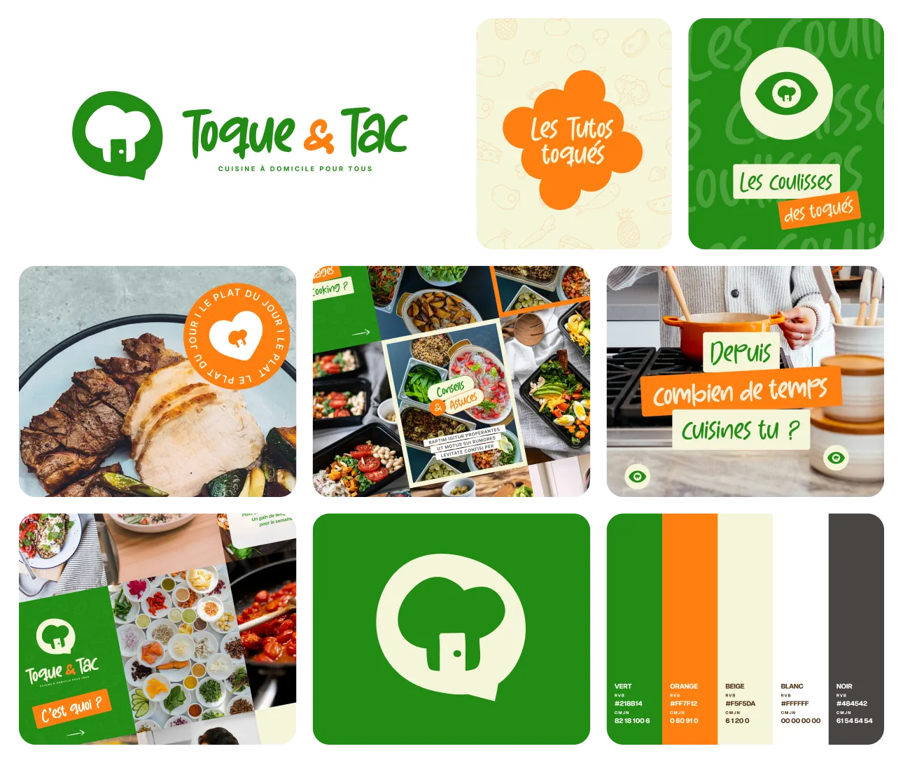 Planche d'identité Toque & Tac : logo, couleurs, stickers et photos de plats