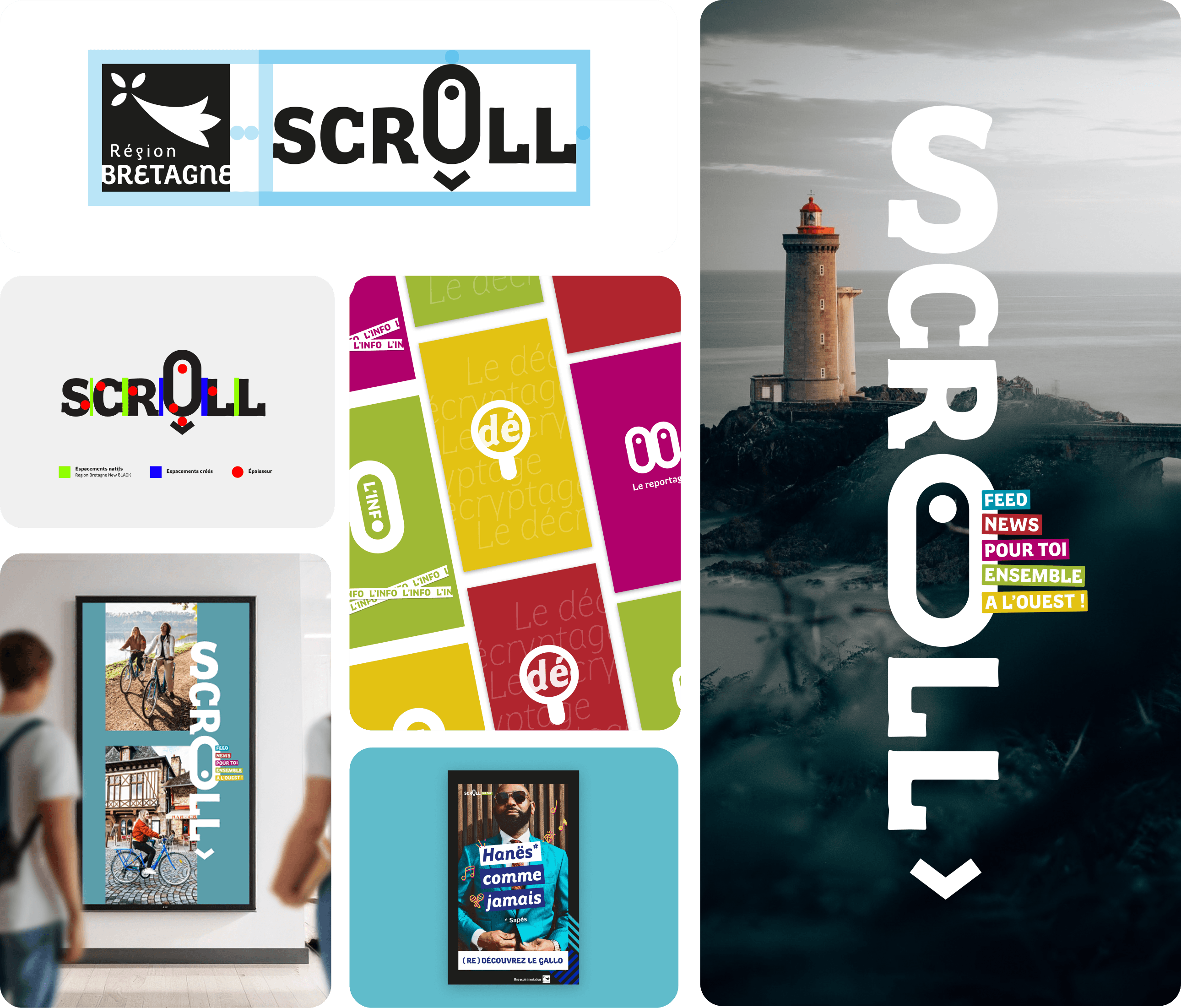 Identité du média SCROLL : logo, formats vidéo sur écran et kakémono