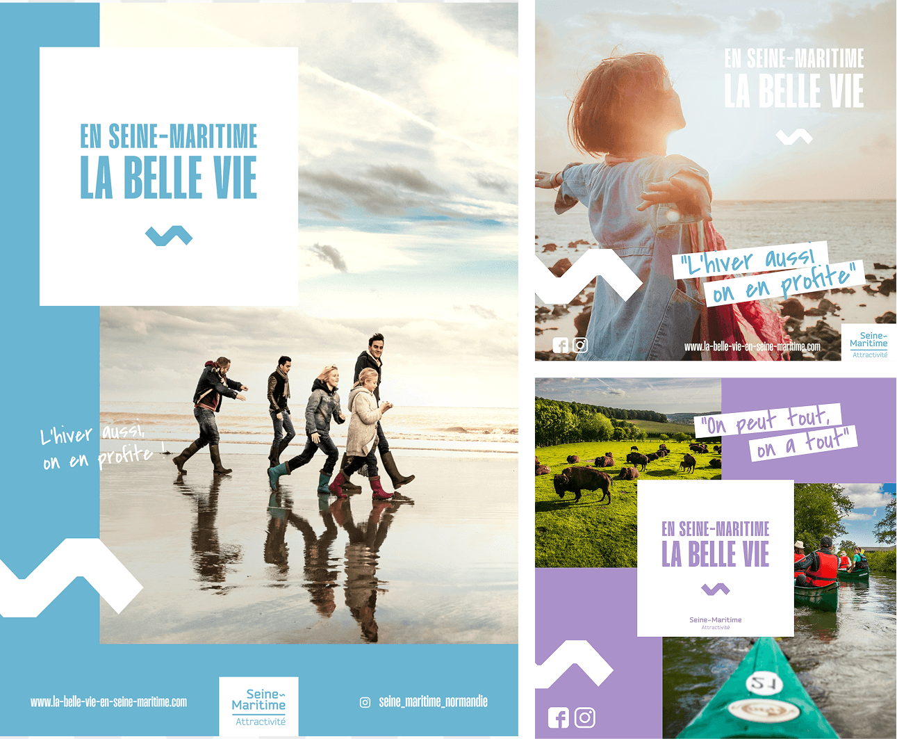 Déclinaisons de la campagne En Seine-Maritime, la belle vie sur affiches et réseaux sociaux