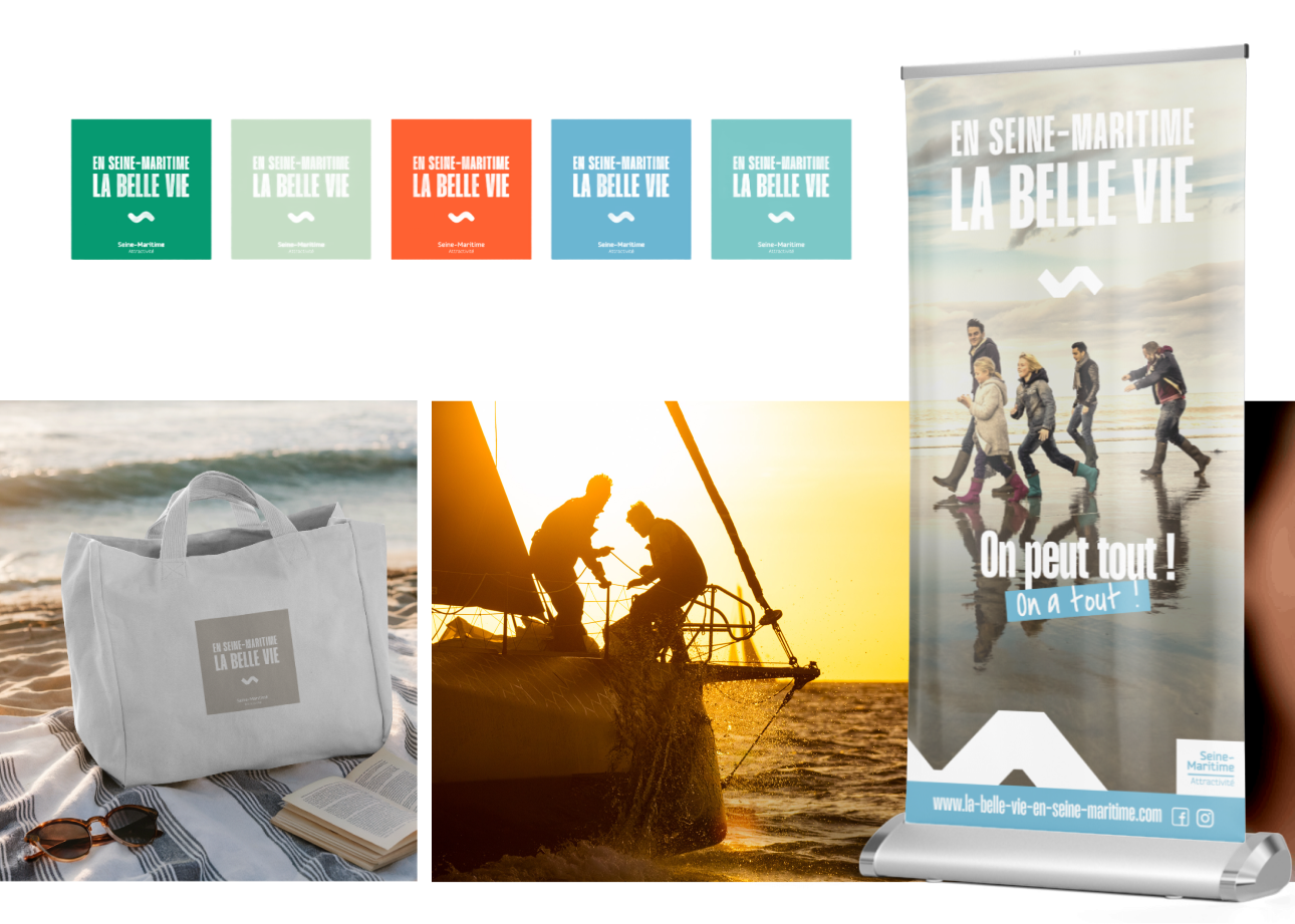 Logo de la campagne en cinq couleurs, tote bag et kakémono En Seine-Maritime, la belle vie