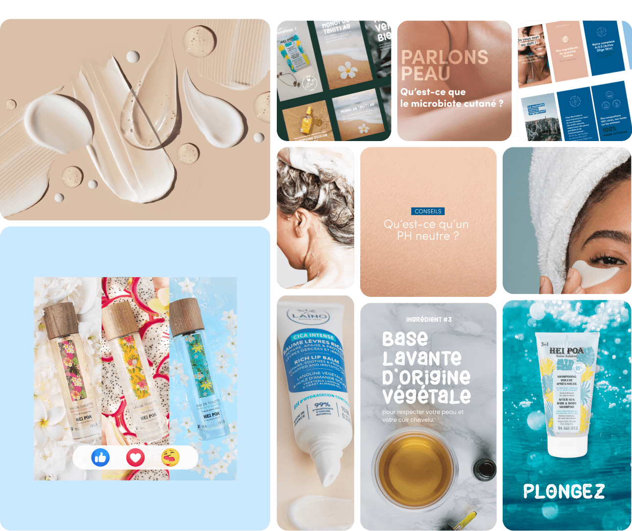 Publications réseaux sociaux pour les marques Hei Poa et Laino : packshots et visuels produits