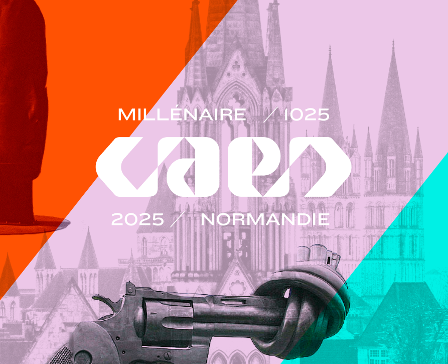 Visuel Millénaire de Caen 1025-2025 avec l'abbaye et la sculpture du revolver noué