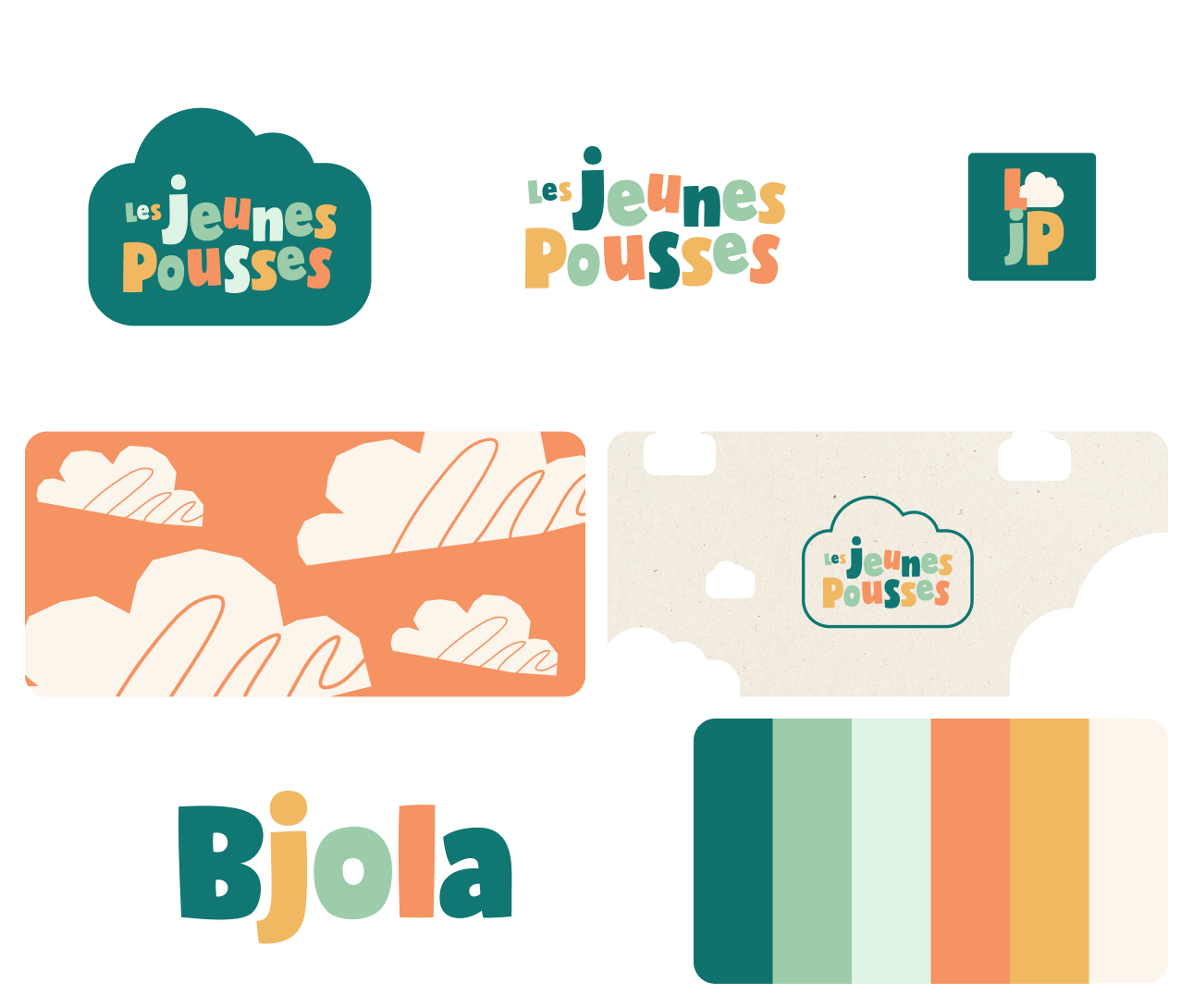 Planche d'identité Les Jeunes Pousses : logo, monogramme LJP, motifs de nuages et palette