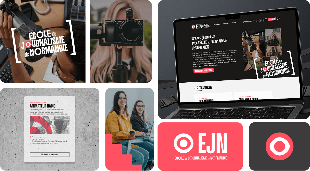 Univers EJN : photos d'étudiants, site sur ordinateur et symbole-cible