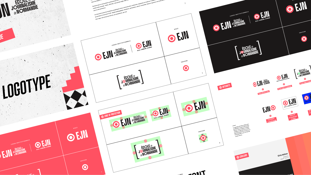 Pages de la charte graphique EJN : logotype et déclinaisons