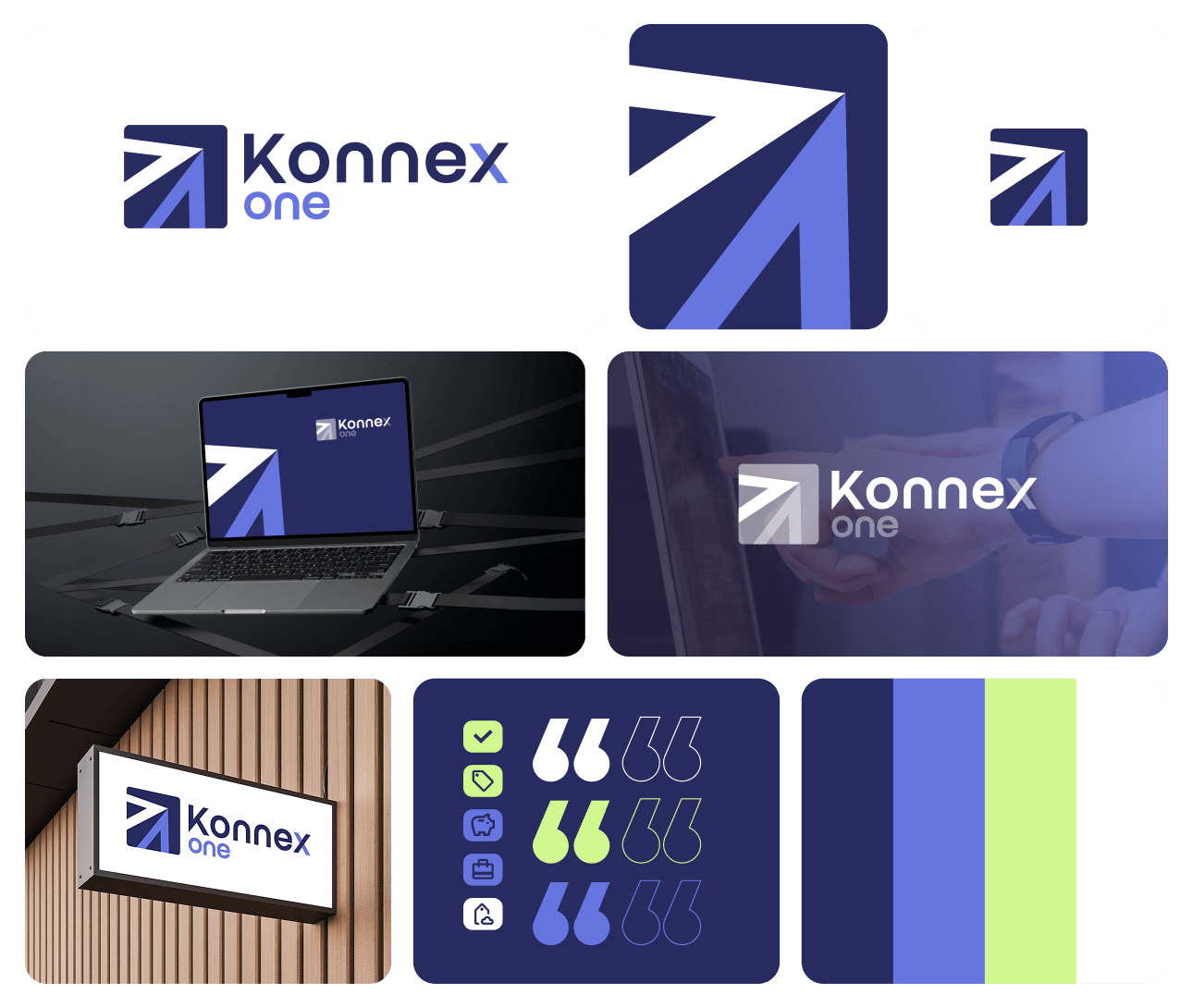 Planche d'identité Konnex One : logo, symbole flèche, enseigne et palette