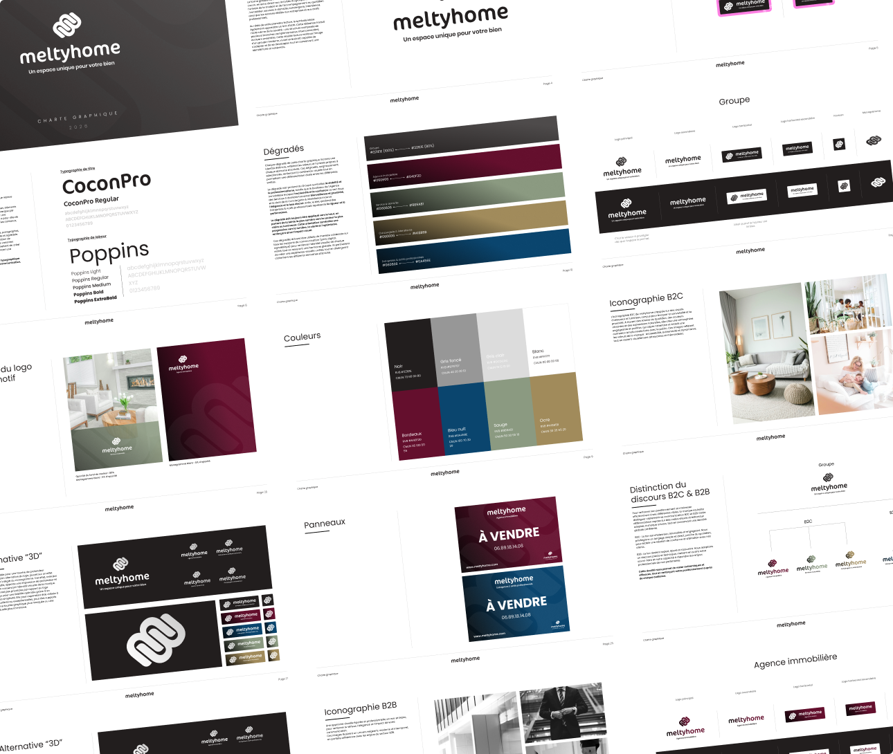 Pages de la charte graphique Meltyhome : typographies, couleurs et supports