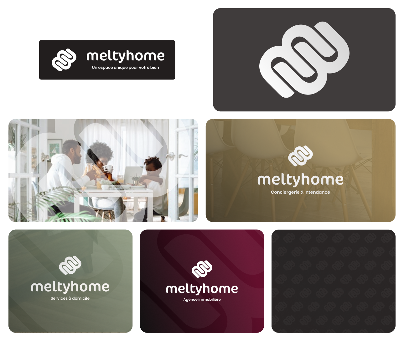 Déclinaisons du logo Meltyhome en bordeaux, vert et doré pour chaque métier