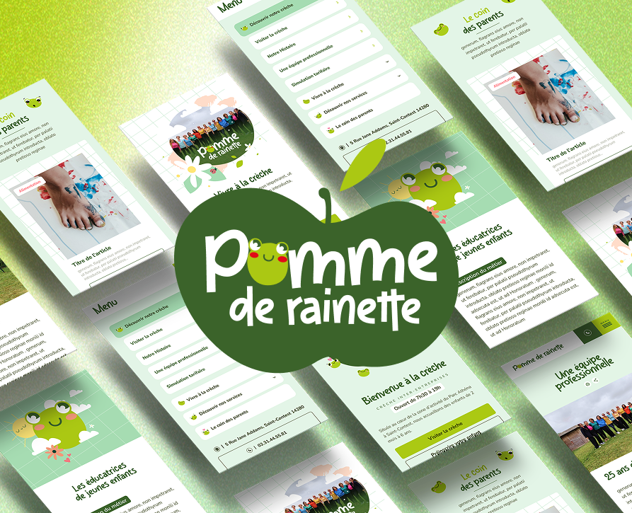 Logo Pomme de Rainette devant les pages mobiles du site de la crèche