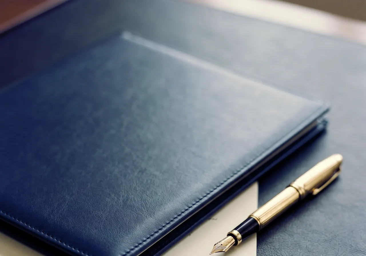 A navy leather folder and a gold fountain pen on a desk