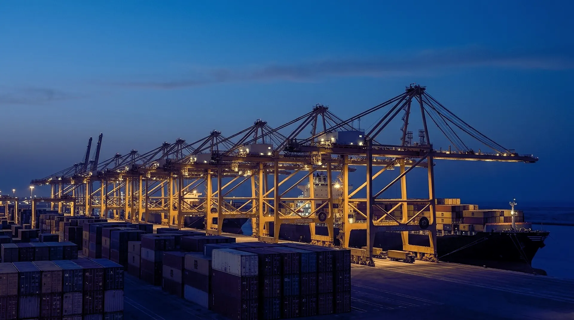 Gantry cranes lit gold along the quay of a container terminal at blue hour