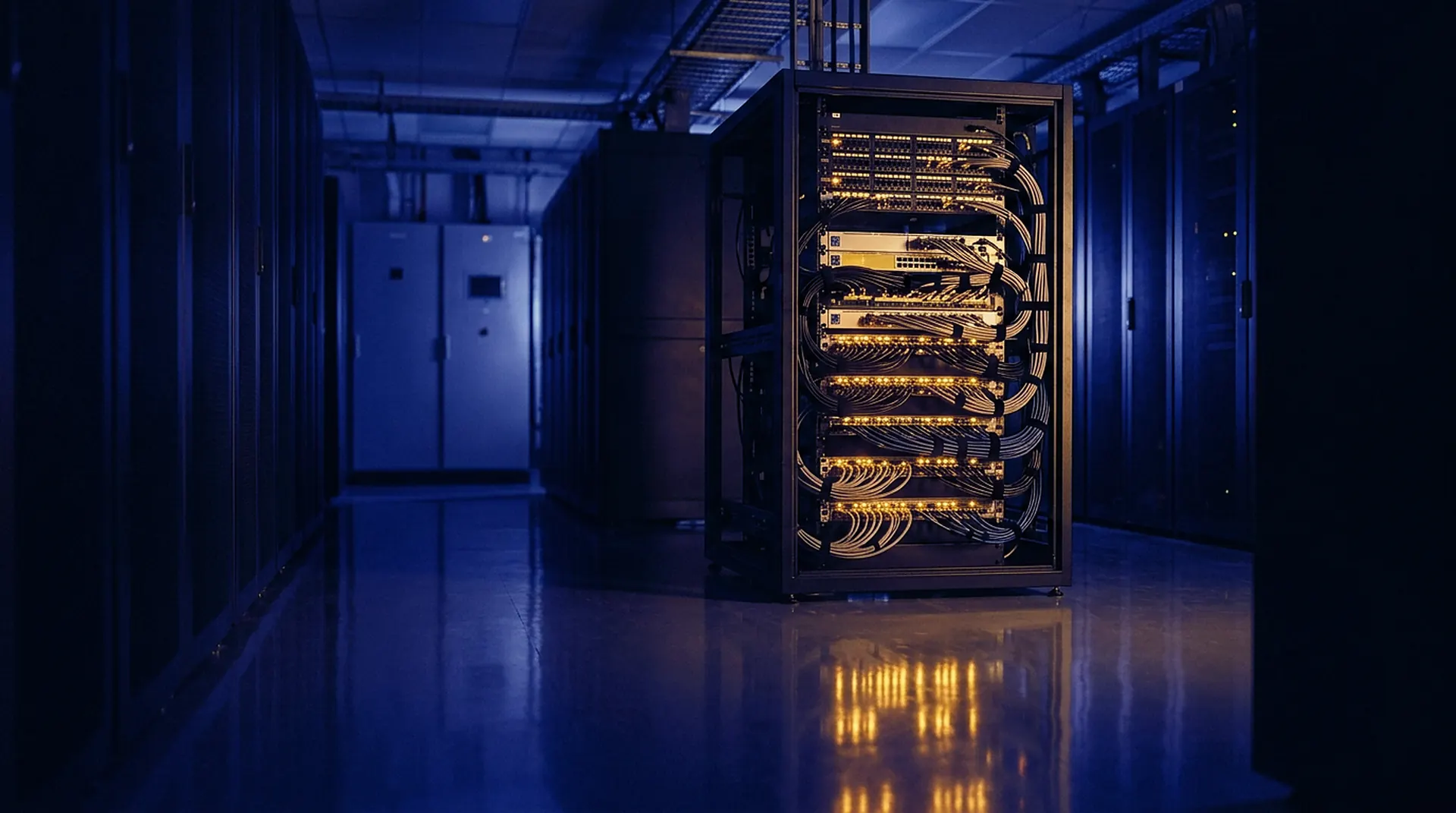 A server rack glowing with amber indicator lights in a dark data room