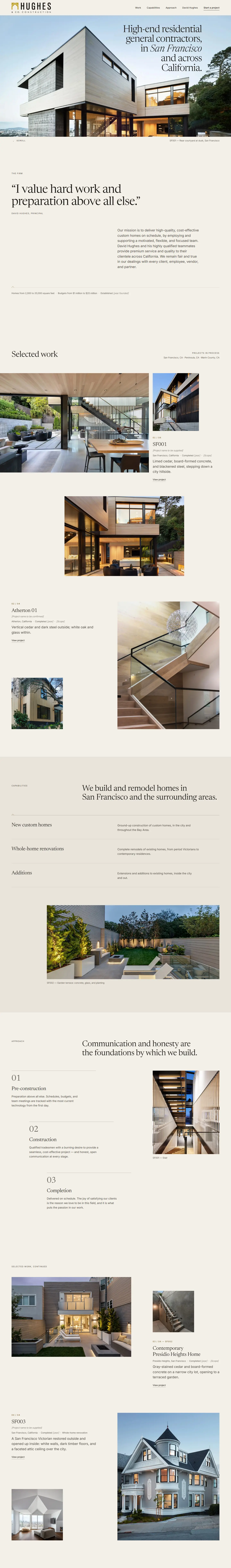 Our Hughes & Co. redesign concept, from the hero house and the firm statement through selected work, capabilities and the three-stage approach to more work.