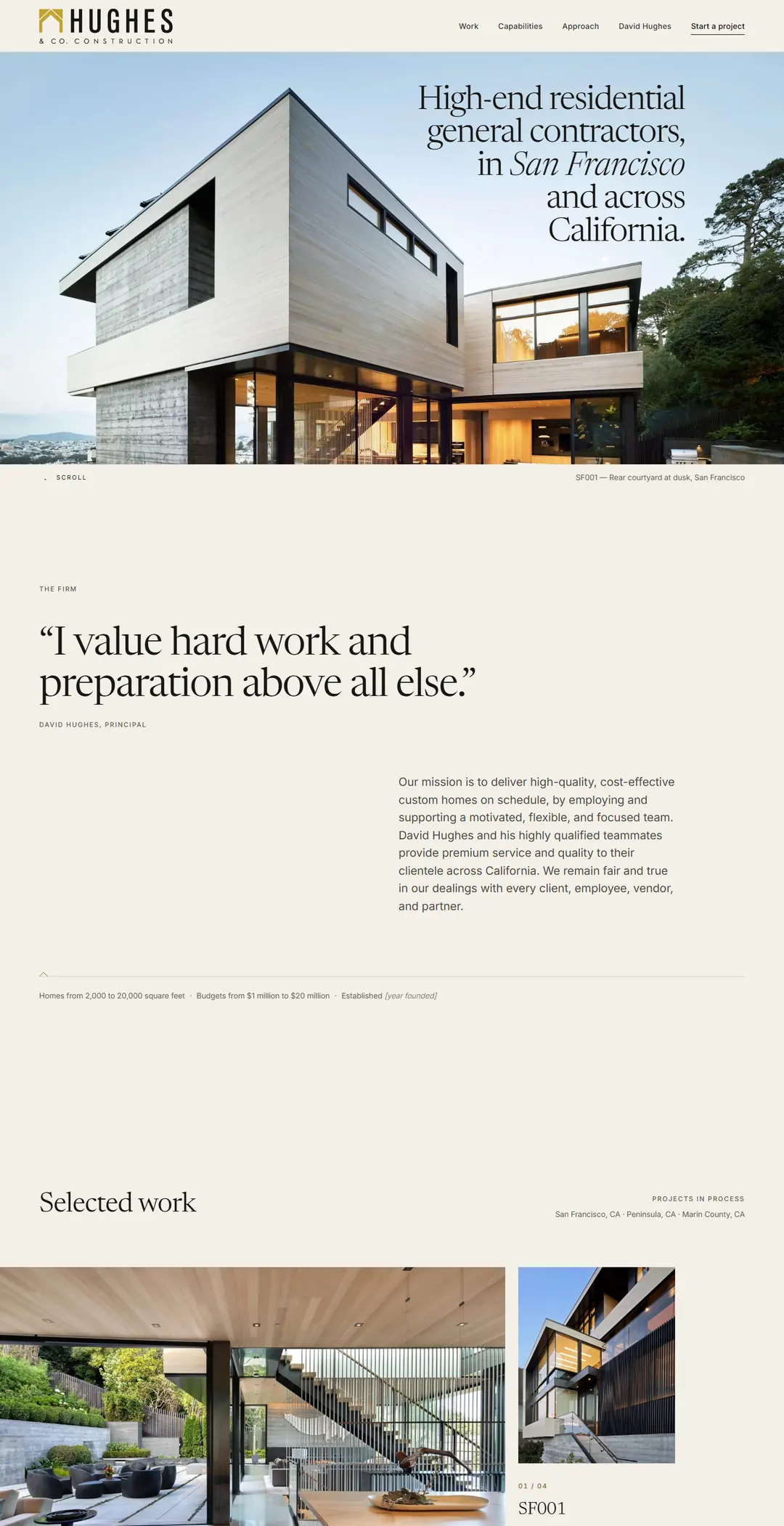 The top of our Hughes & Co. redesign concept, from the hero house and the firm statement through selected work, capabilities and the three-stage approach to more work.