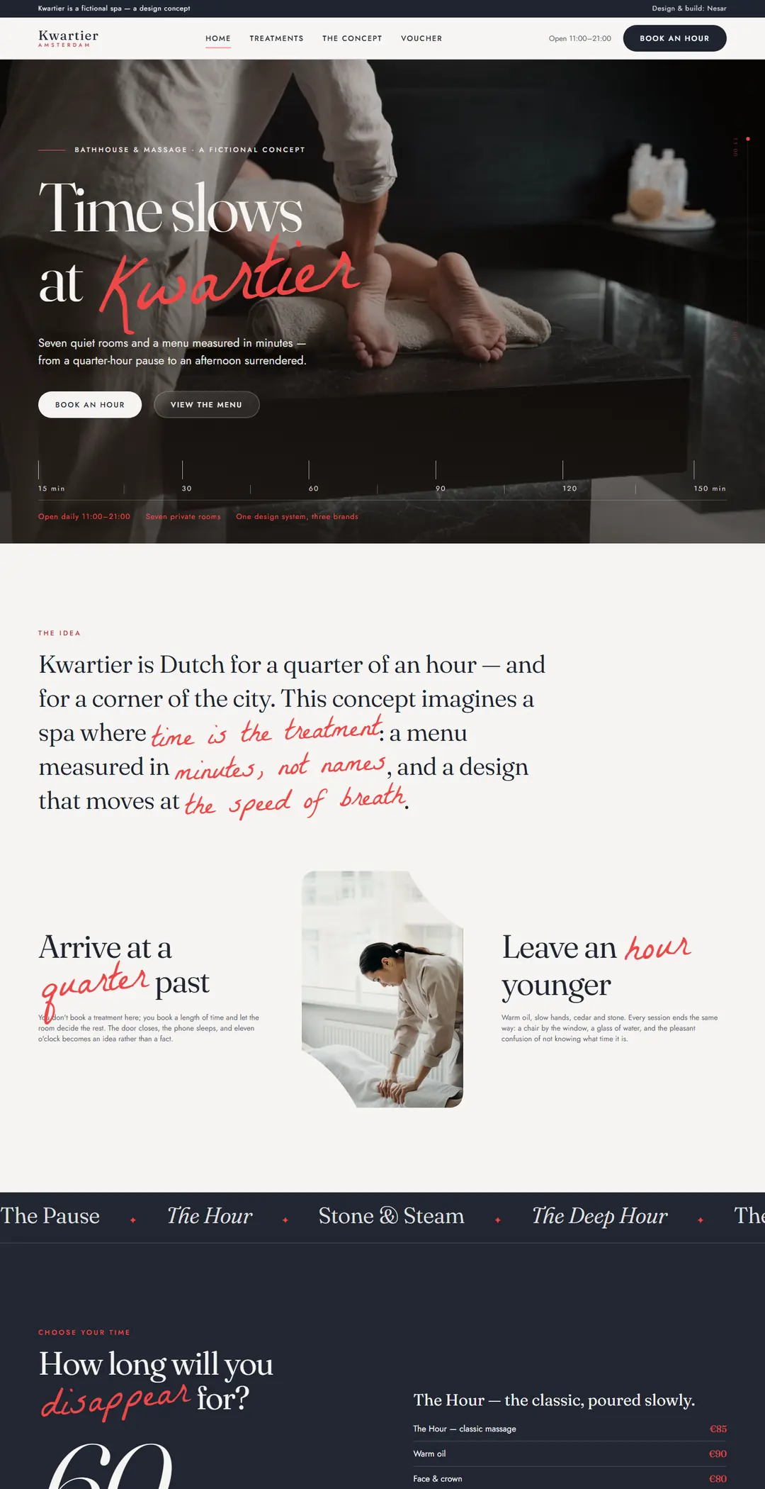 The top of the full Kwartier concept homepage, from the hero and the idea through the time dial, the menu, the design notes, textures, imagined guest quotes, location and questions to the footer.
