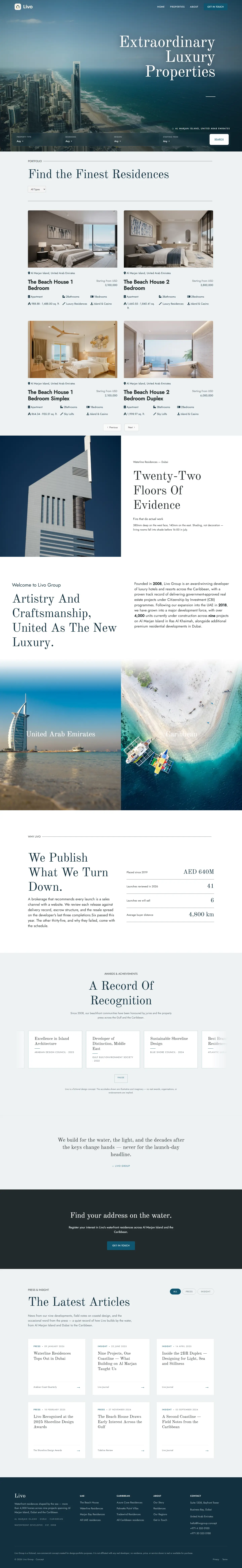 The full Livo concept homepage, from the hero and property search through the residence listings, the building story, awards and articles to the footer.