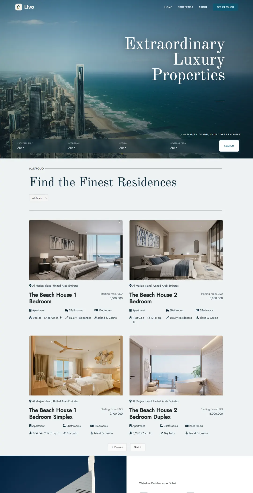 The top of the full Livo concept homepage, from the hero and property search through the residence listings, the building story, awards and articles to the footer.